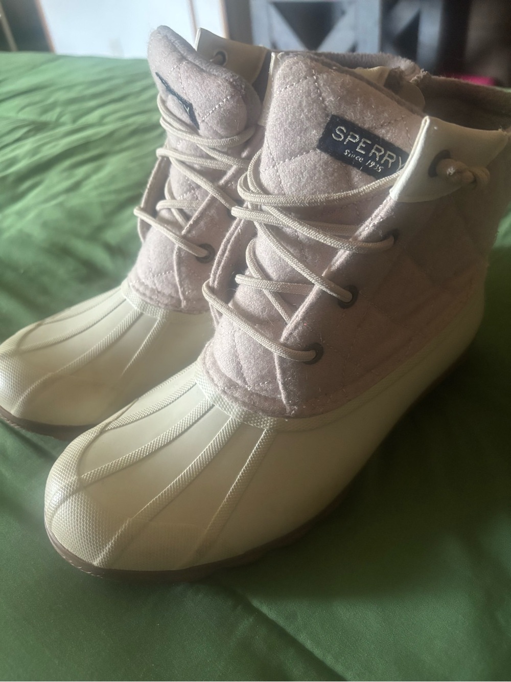 Sperry Quilted Lace-Up Duck Boots in Tan and Cream - Picture 1 of 1